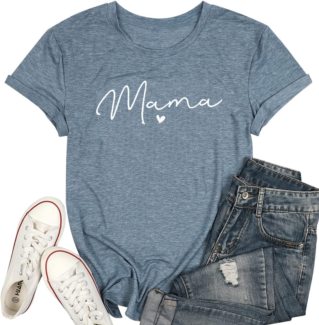 Mama Shirt for Women Mama Letter Print T-Shirt Funny Mom Life Tops Tee - Light Blue
