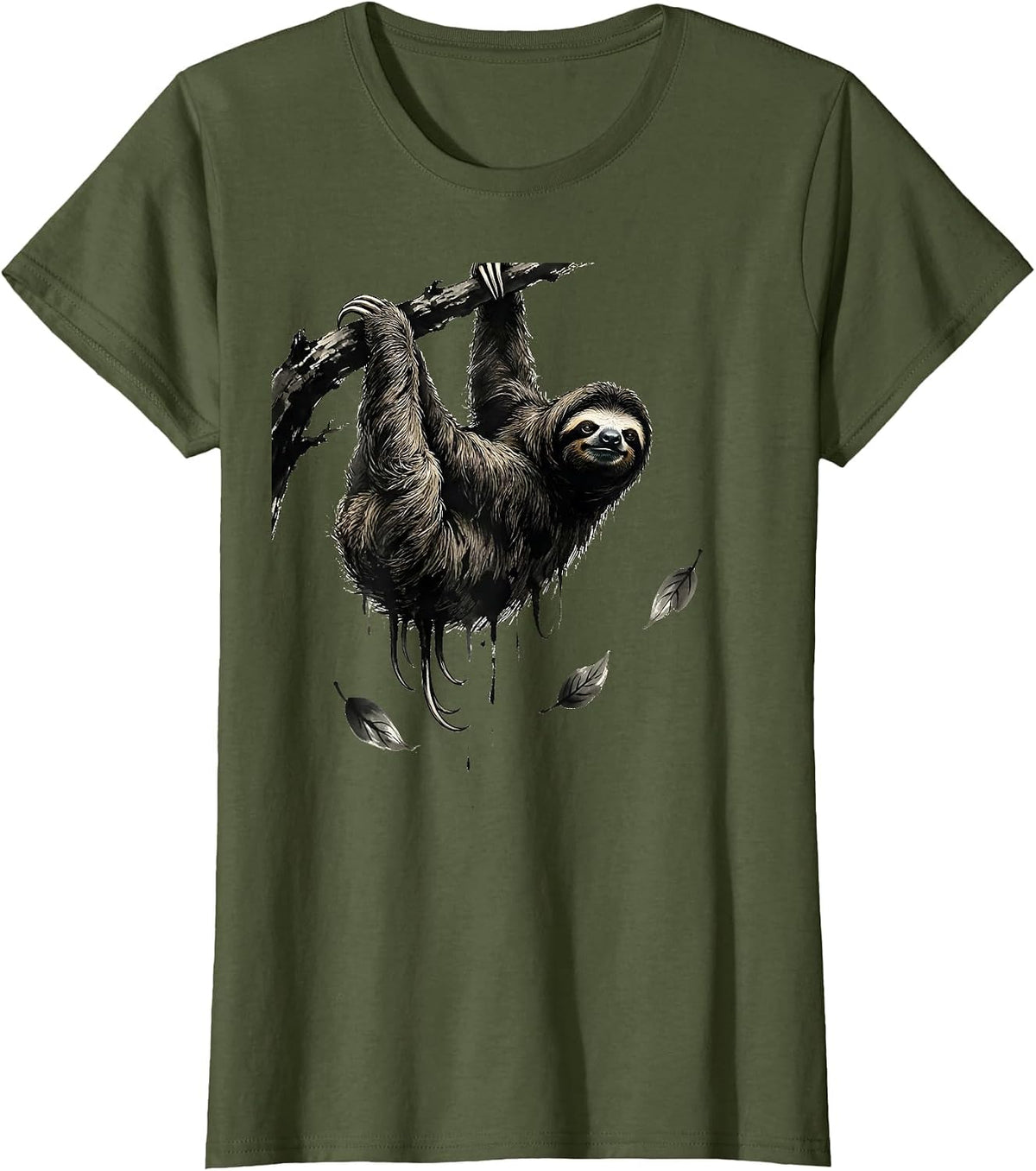 Women's Broad Sloth Relaxed Ink Brush Lazy Humor Gift T-Shirt - Olive Green