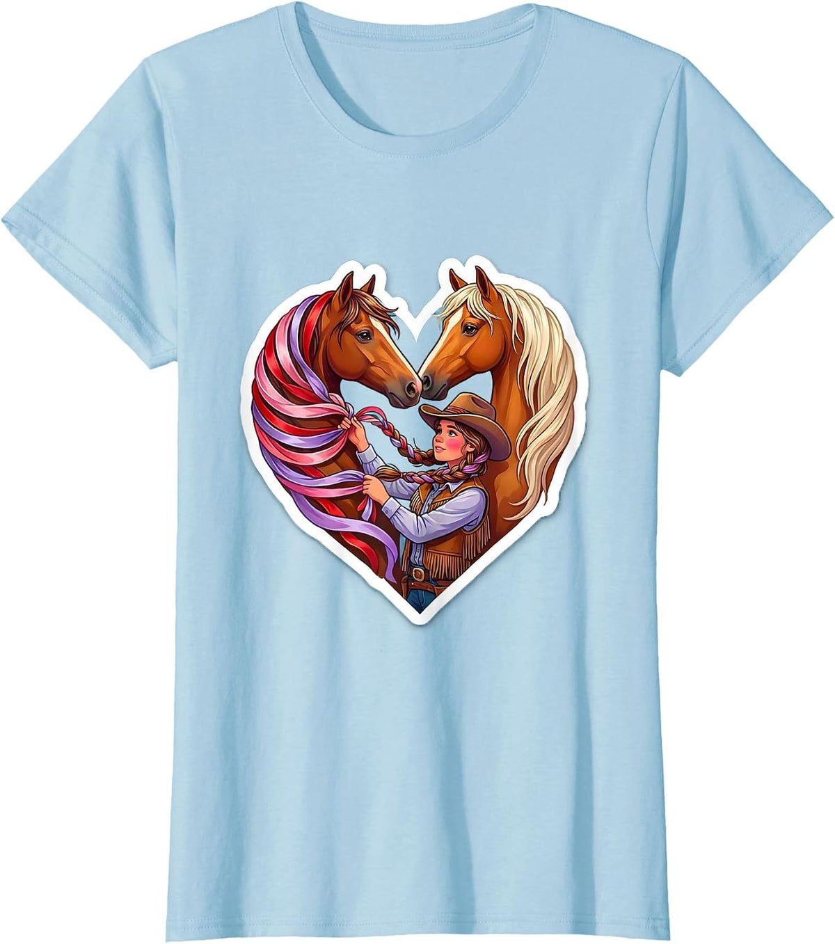 Cowgirl Braiding Horse Mane With Ribbons T-Shirt - Baby Blue