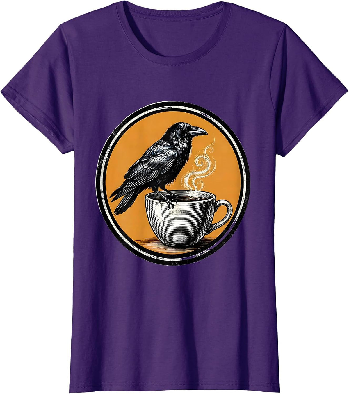 Women's Cawf Crow Perched on a Steaming Coffee Cup T-Shirt - Purple