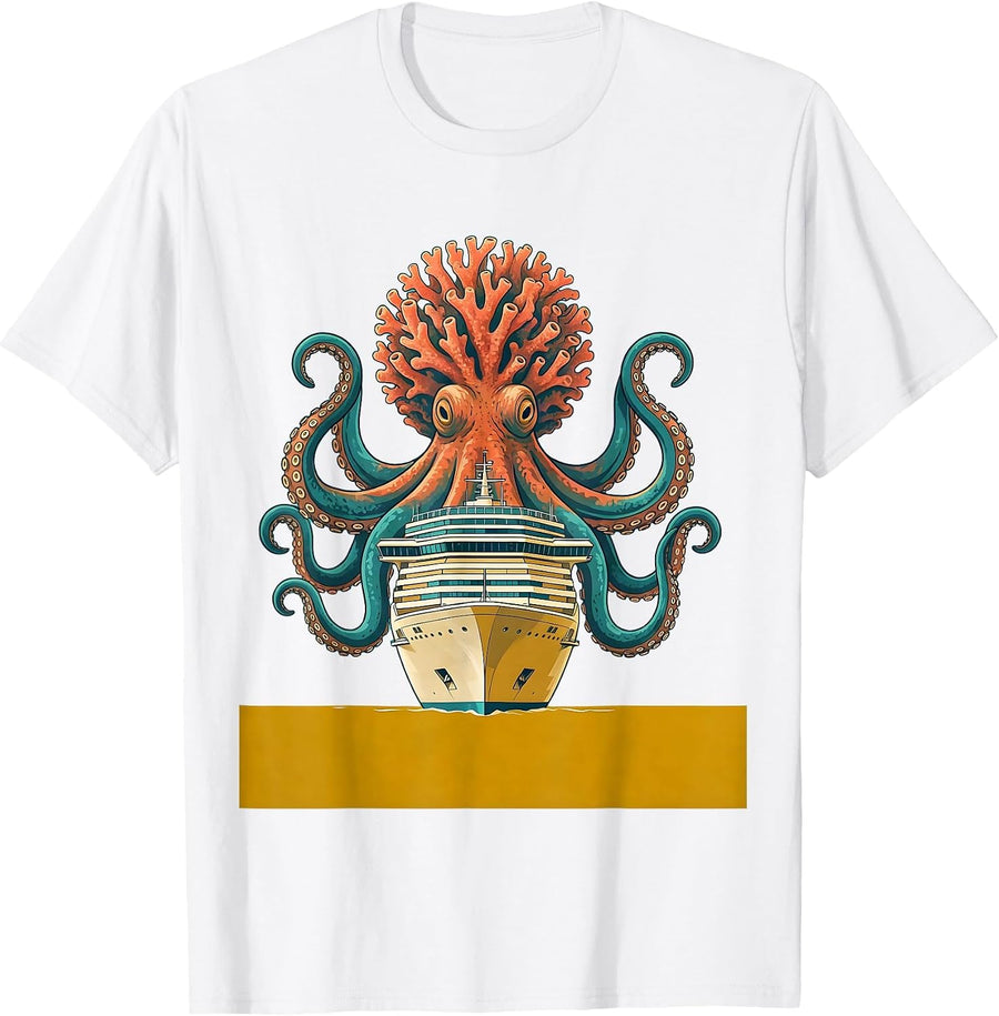 Men's Giant Octopus Attacking Cruise Ship Illustration T-Shirt - White