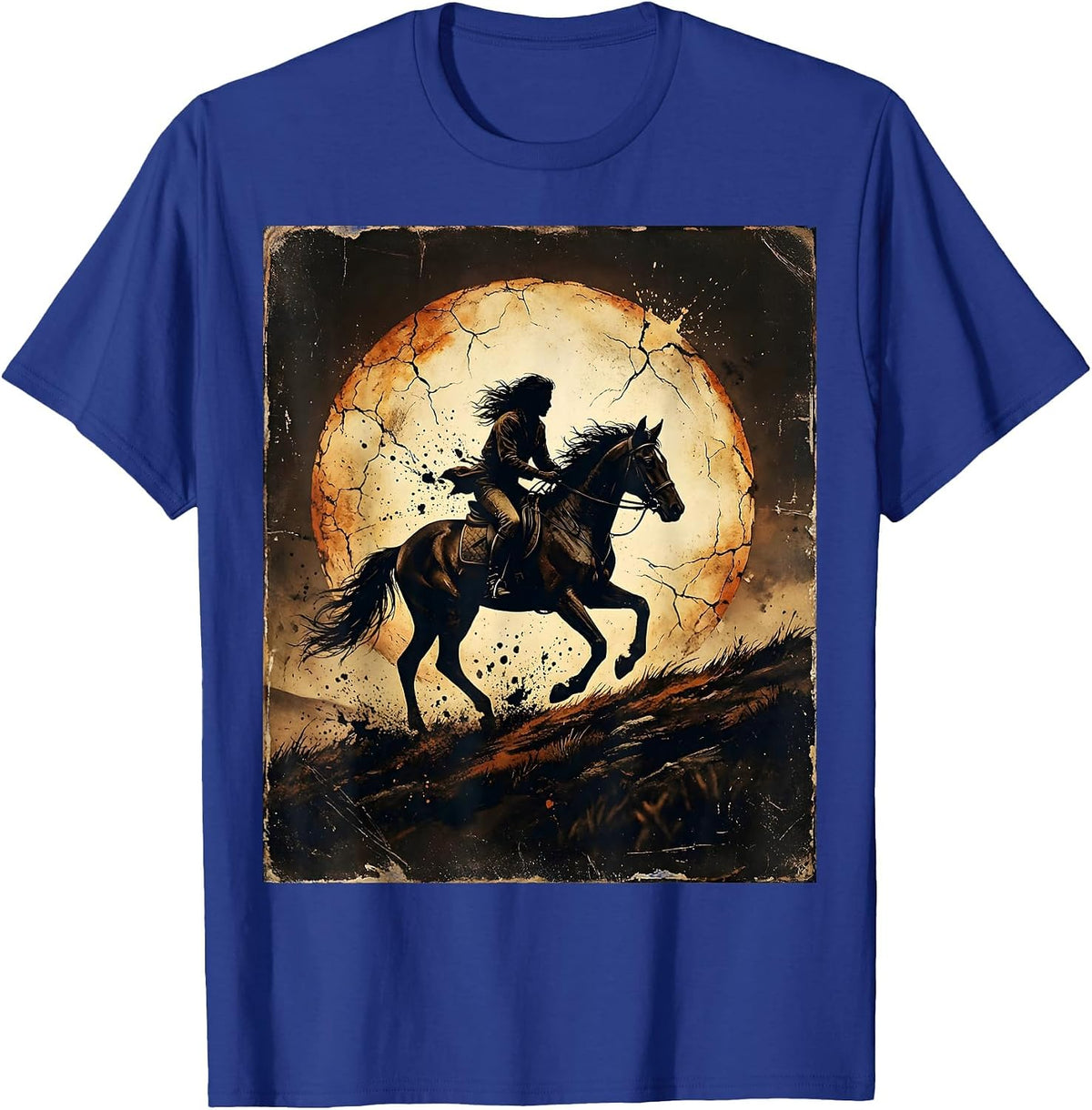 Equestrian Rider Silhouette Sunset Hillside Graphic T-Shirt - Royal Blue