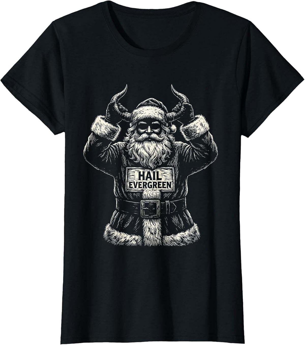 Hail Evergreen Woodcut Engraving Heavy Metal Santa Claus T-Shirt - Black