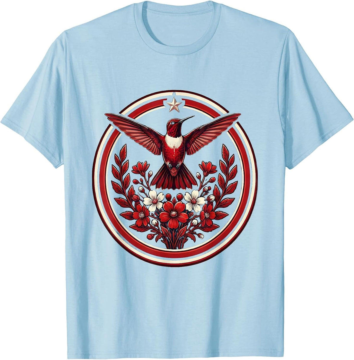 Men's Hummingbird Red White Wildflowers Patriotic T-Shirt - Baby Blue
