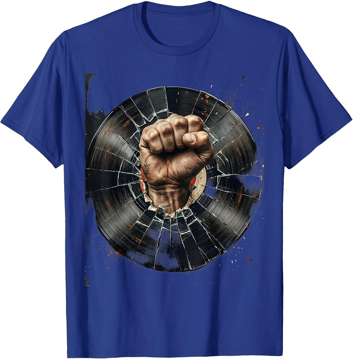Punk Fist Smashing Vinyl Record Graphic Tee T-Shirt - Royal Blue