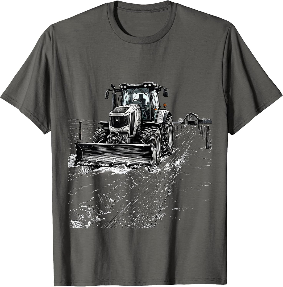 Men's Farm Tractor Pushing Snow Rural Life Humor T-Shirt - Asphalt Grey