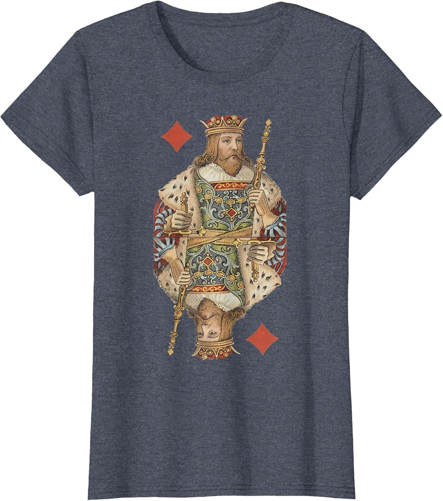 King of Diamonds Antique Art Nouveau Playing Card Art T-Shirt, Women, Heather Blue, Small - As Pictured