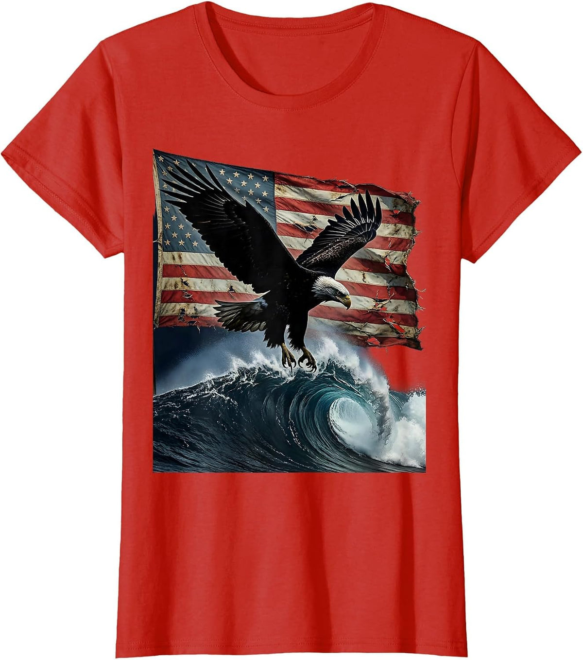 Women's Bald Eagle Diving Ocean Wave USA Freedom T-Shirt - Red