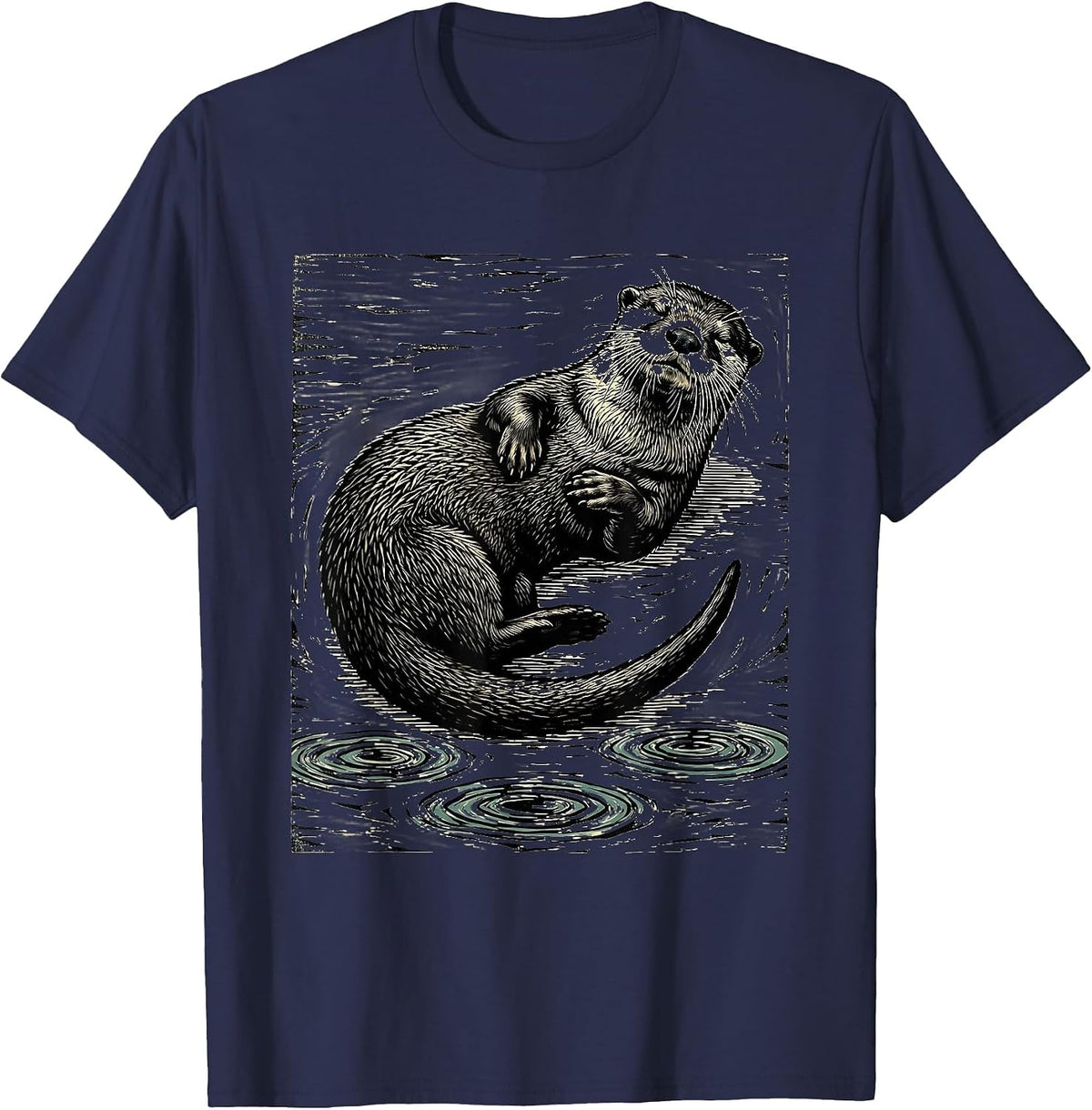 River Otter Woodcut Engraving Nature Lover Humor T-Shirt - Navy Blue