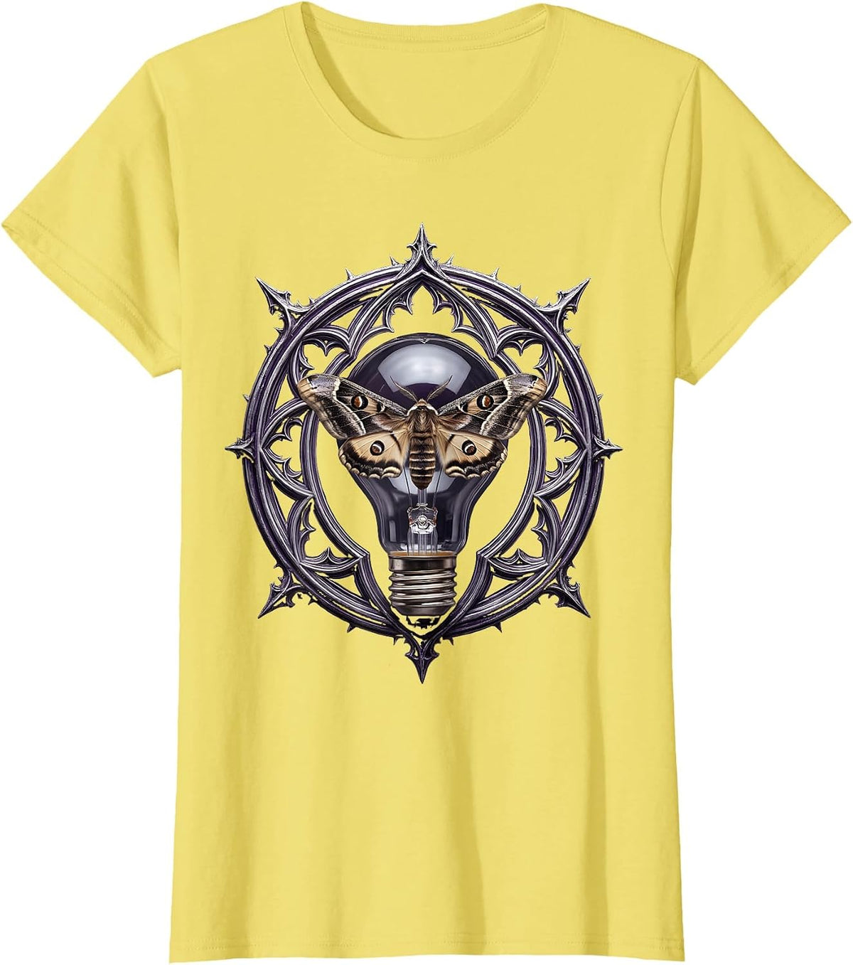 Grunge Moth and Bare Lightbulb Illustration T-Shirt - Lemon Yellow