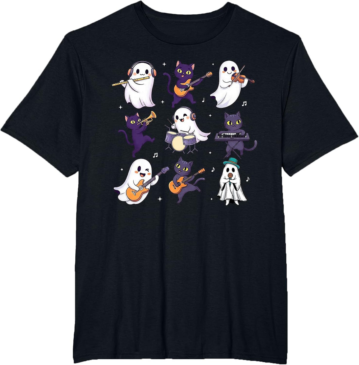 Cute Ghost Cat Playing Musical Halloween Music Teacher T-Shirt - Black