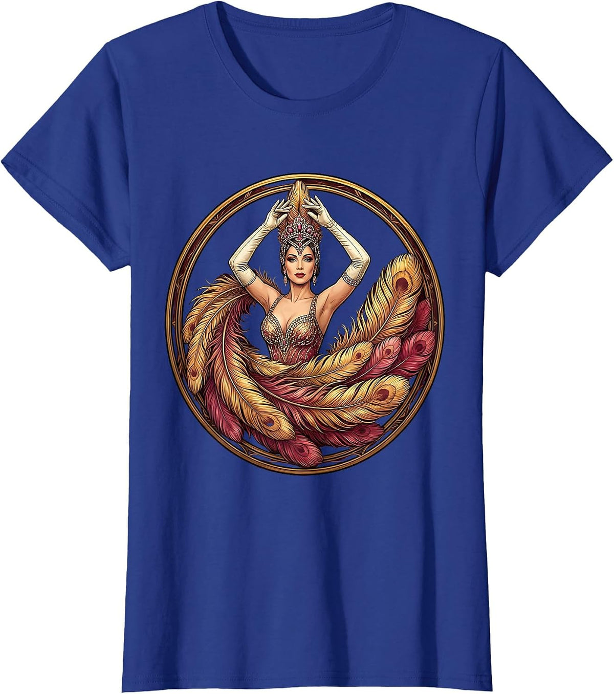 Women's Showgirl Feathered Fan Raised Hands Illustration T-Shirt - Royal Blue