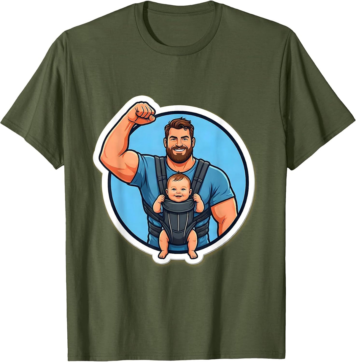 Men's Dad Baby Carrier Bicep Curl Funny Graphic Tee T-Shirt - Olive Green