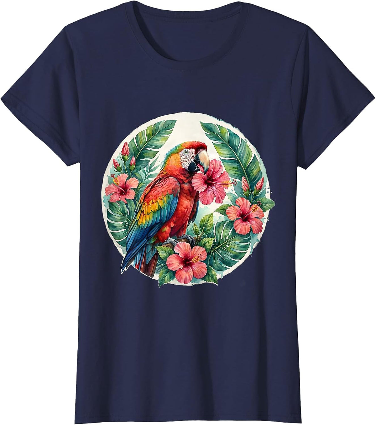 Women's Colorful Parrot Hibiscus Hawaiian Tropical Design T-Shirt - Navy Blue