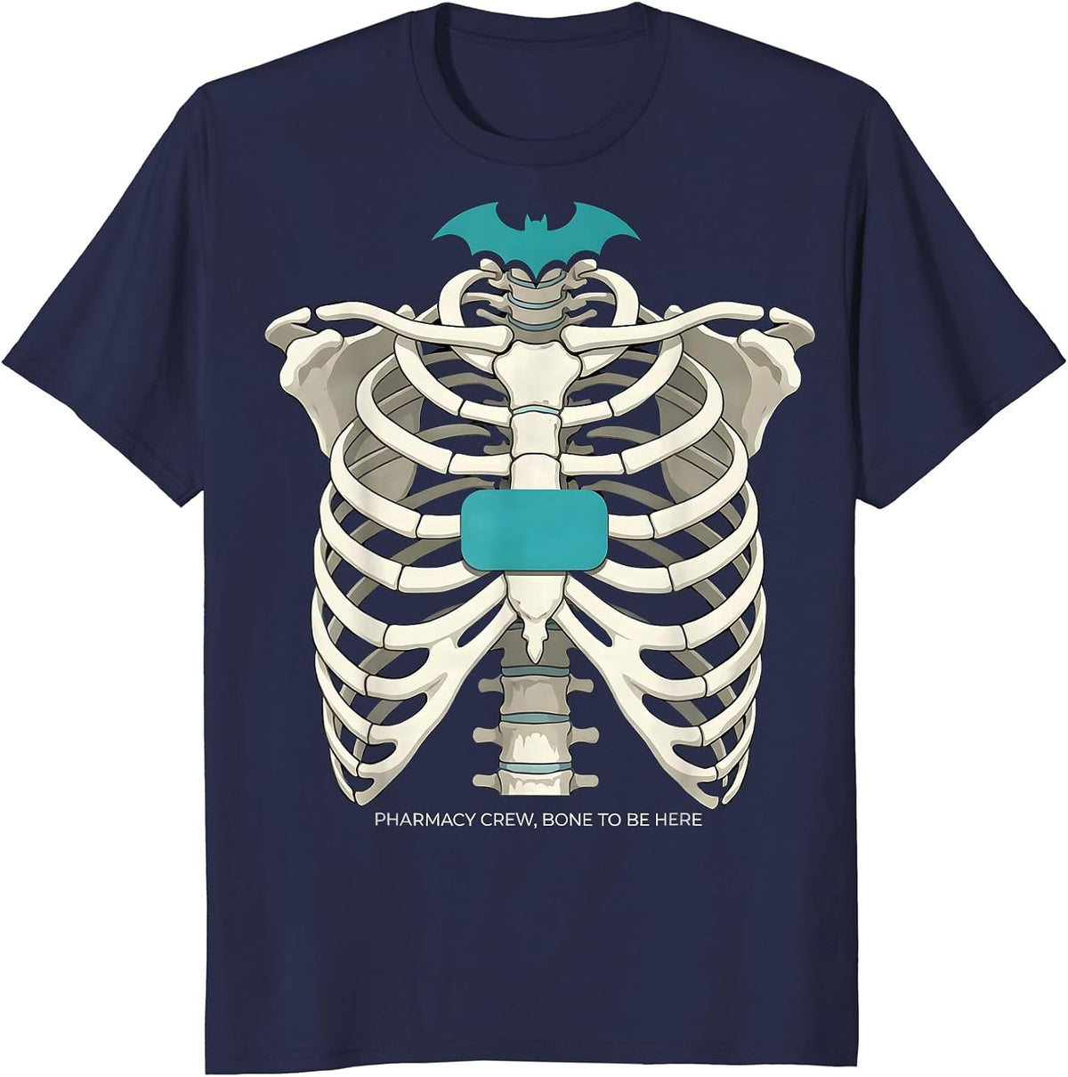 Pharmacy Crew, Bone To Be Here Funny Skeleton Halloween T-Shirt - Navy Blue