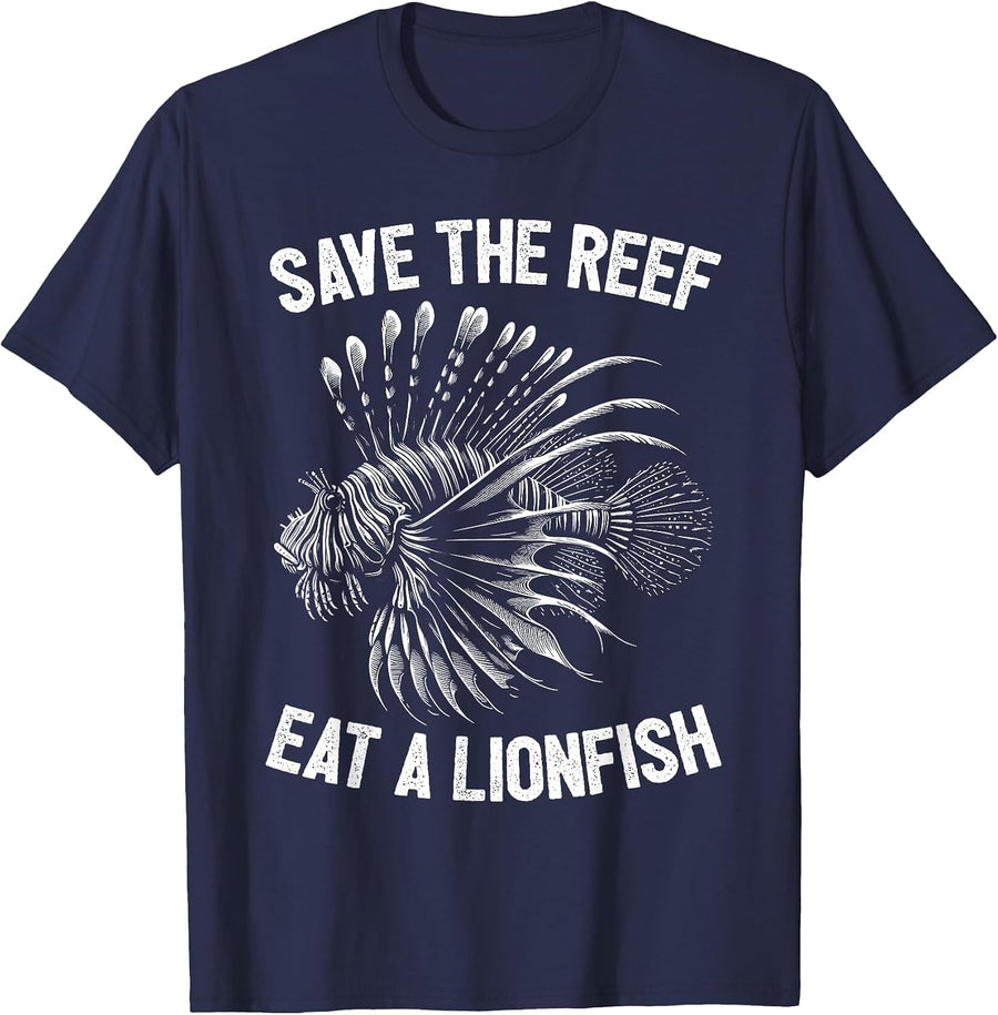 Save The Reef Eat A Lionfish Funny Lion Fish T-Shirt - Navy Blue