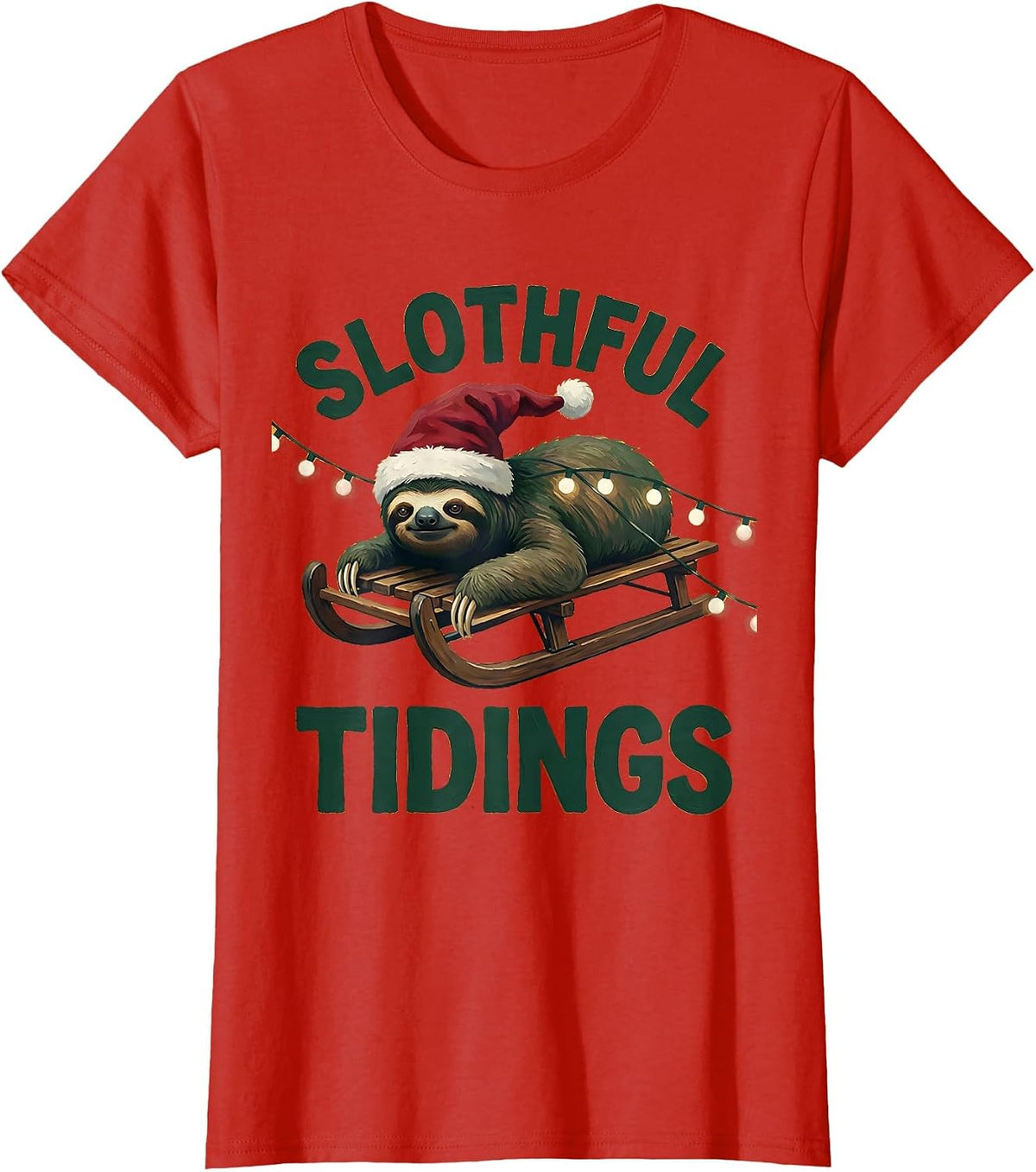 Slothful Tidings Funny Sloth Christmas Lights Santa Hat T-Shirt - Red