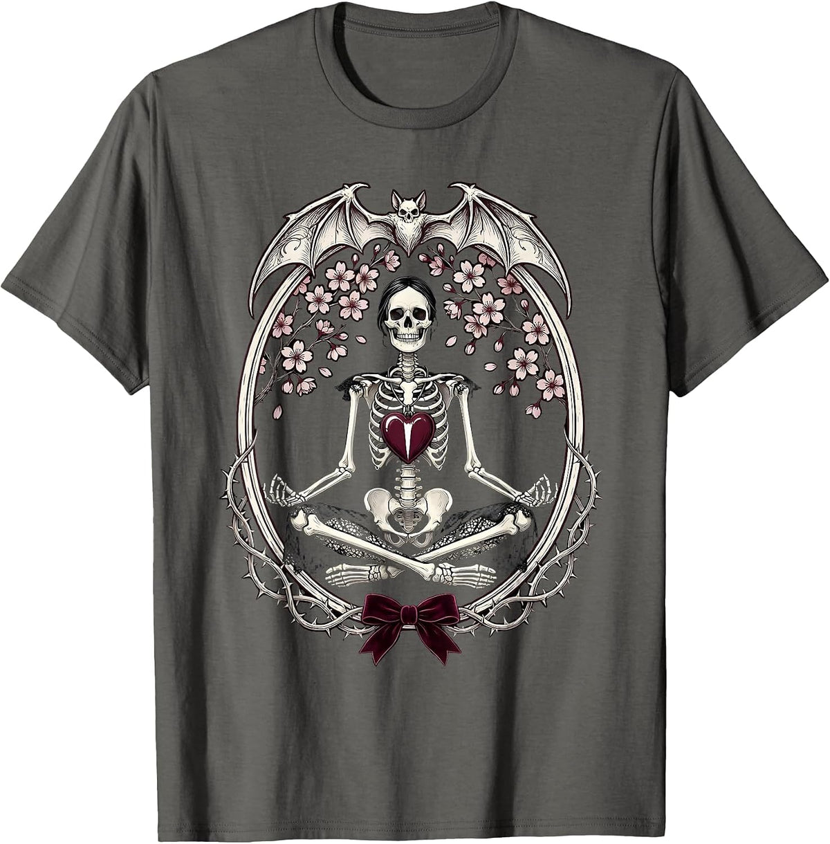 Skeleton Meditating Under Cherry Blossom Tree T-Shirt - Asphalt Grey