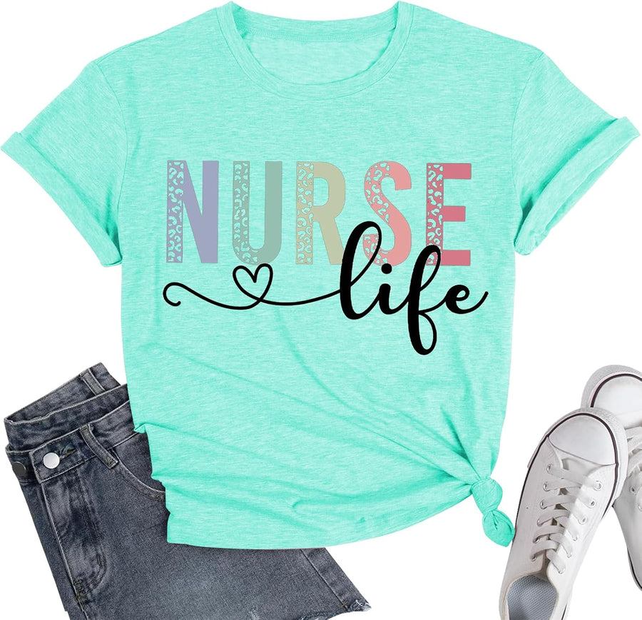Women Nurse Shirts Nursing Life Letter Short Sleeve Register Nurses Inspirational Tee - Cyan-b36