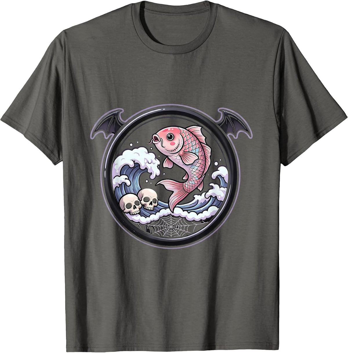 Koi Fish Leaping Waves Anime Art Design T-Shirt - Asphalt Grey
