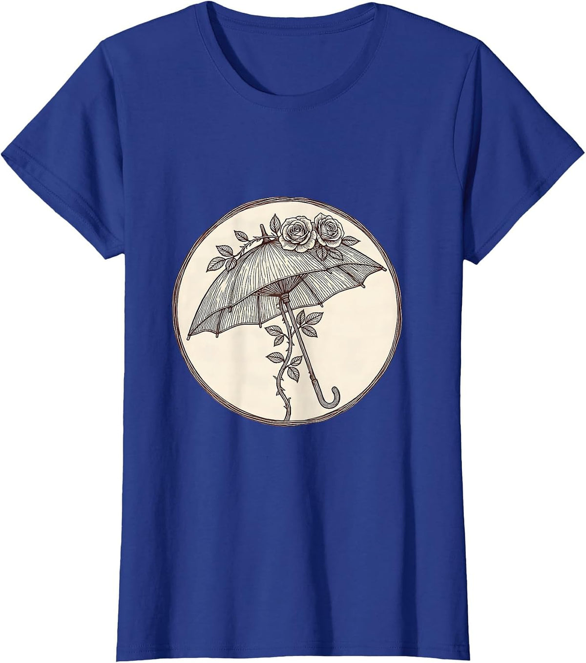 Women's Vintage Lace Parasol Climbing Roses Romantic Art T-Shirt - Royal Blue