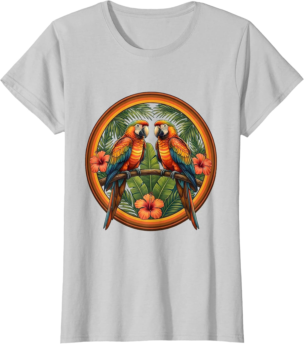 Women's Tropical Parrot Aloha Print Hawaiian Design T-Shirt - Silver Grey