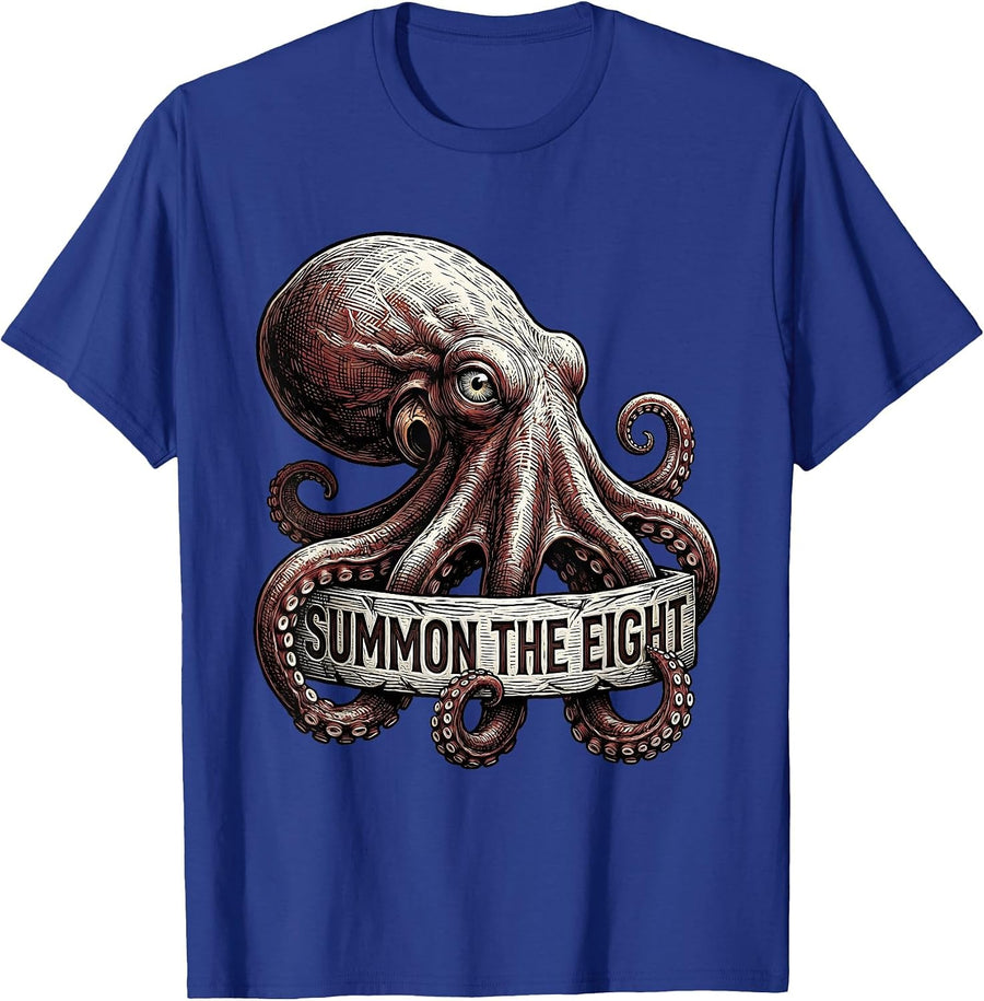 Summon The Eight Woodcut Octopus Sea Creature Illustration T-Shirt - Royal Blue