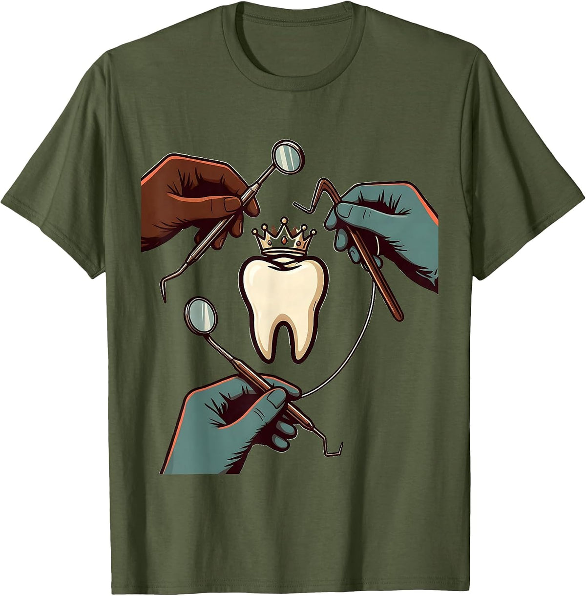 Men's Crowned Tooth Dental Squad Humor Dentist Hygienist Assistant T-Shirt - Olive Green