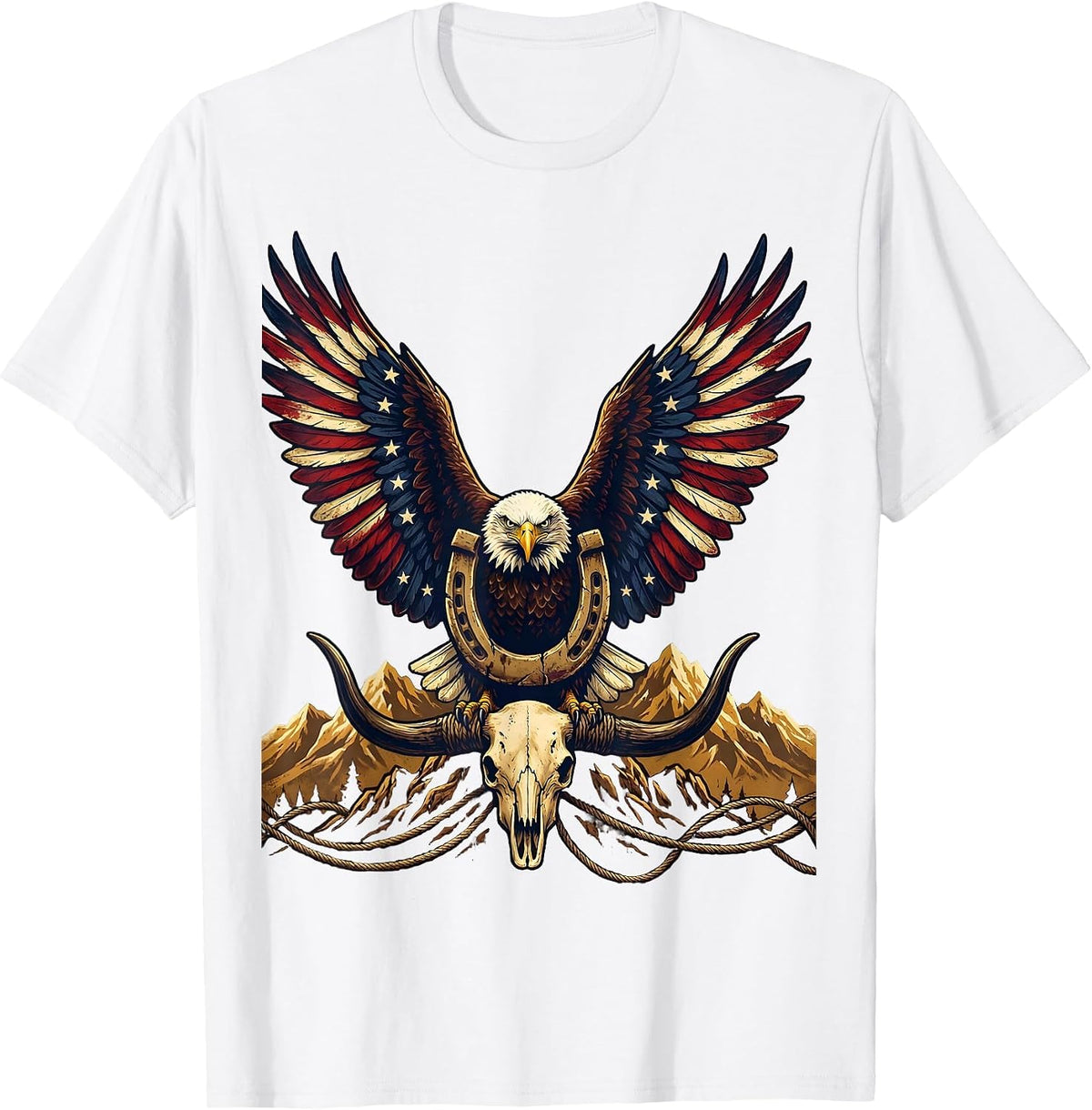 Men's Bald Eagle Soaring Over Mountains Red White Blue T-Shirt - White