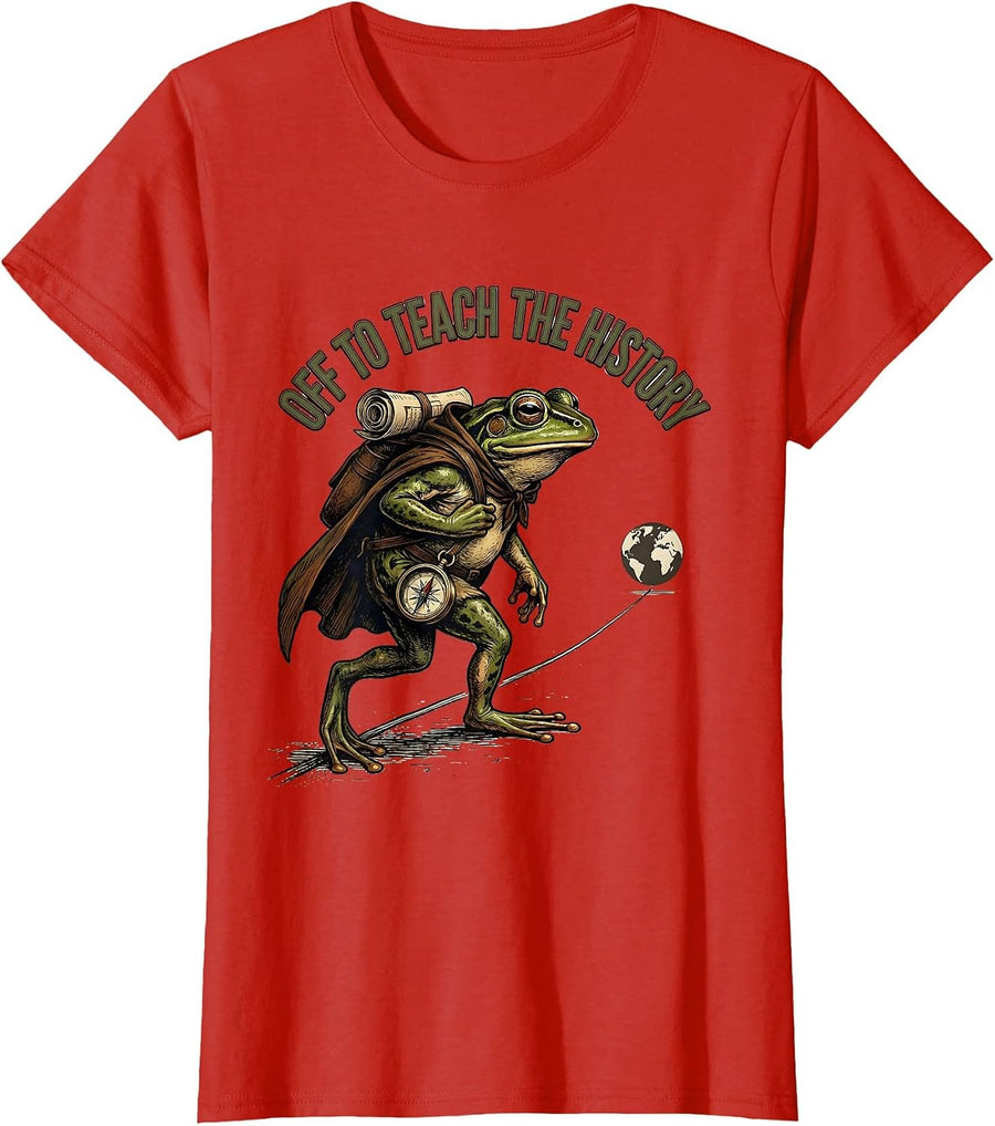 Women's Off To Teach The History Vintage Frog Teacher Back To School T-Shirt - Red