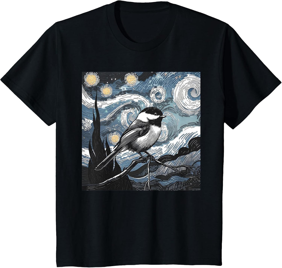 Black Capped Chickadee Bird Lover Starry Night Art Van Gogh T-Shirt - Black
