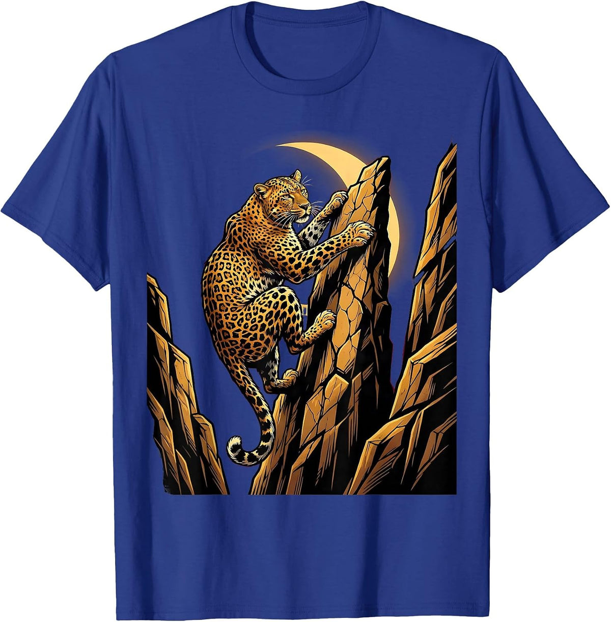 Leopard Climbing Cliff Face at Dusk Illustration T-Shirt - Royal Blue