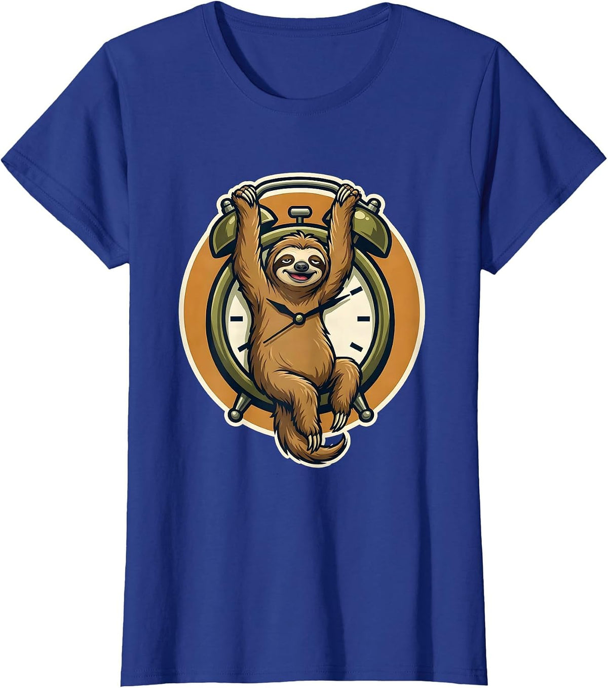 Women's Sleepy Sloth Hanging From Alarm Clock Funny T-Shirt - Royal Blue