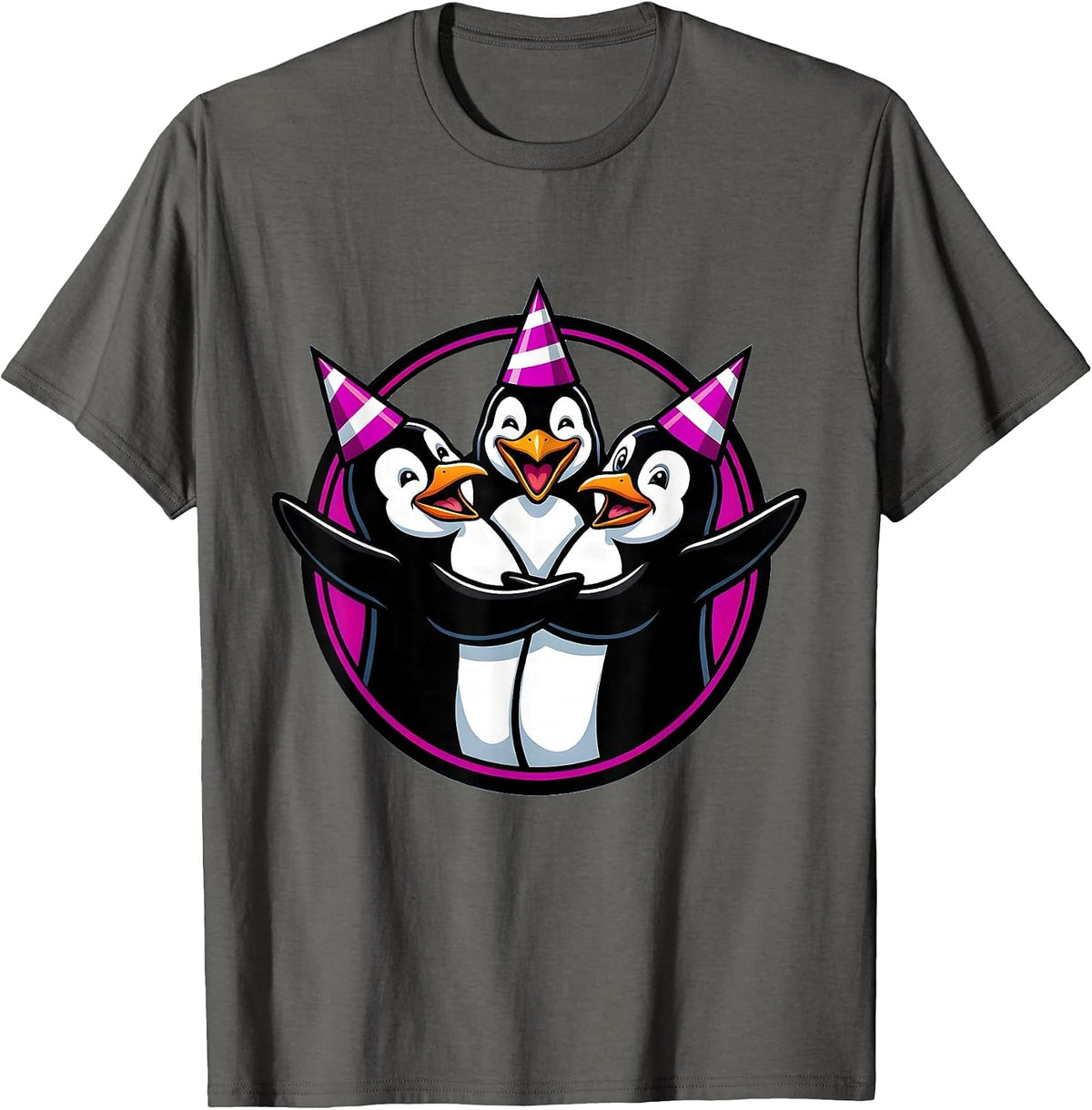 Birthday Squad Penguins Party Hats Celebration T-Shirt - Asphalt Grey
