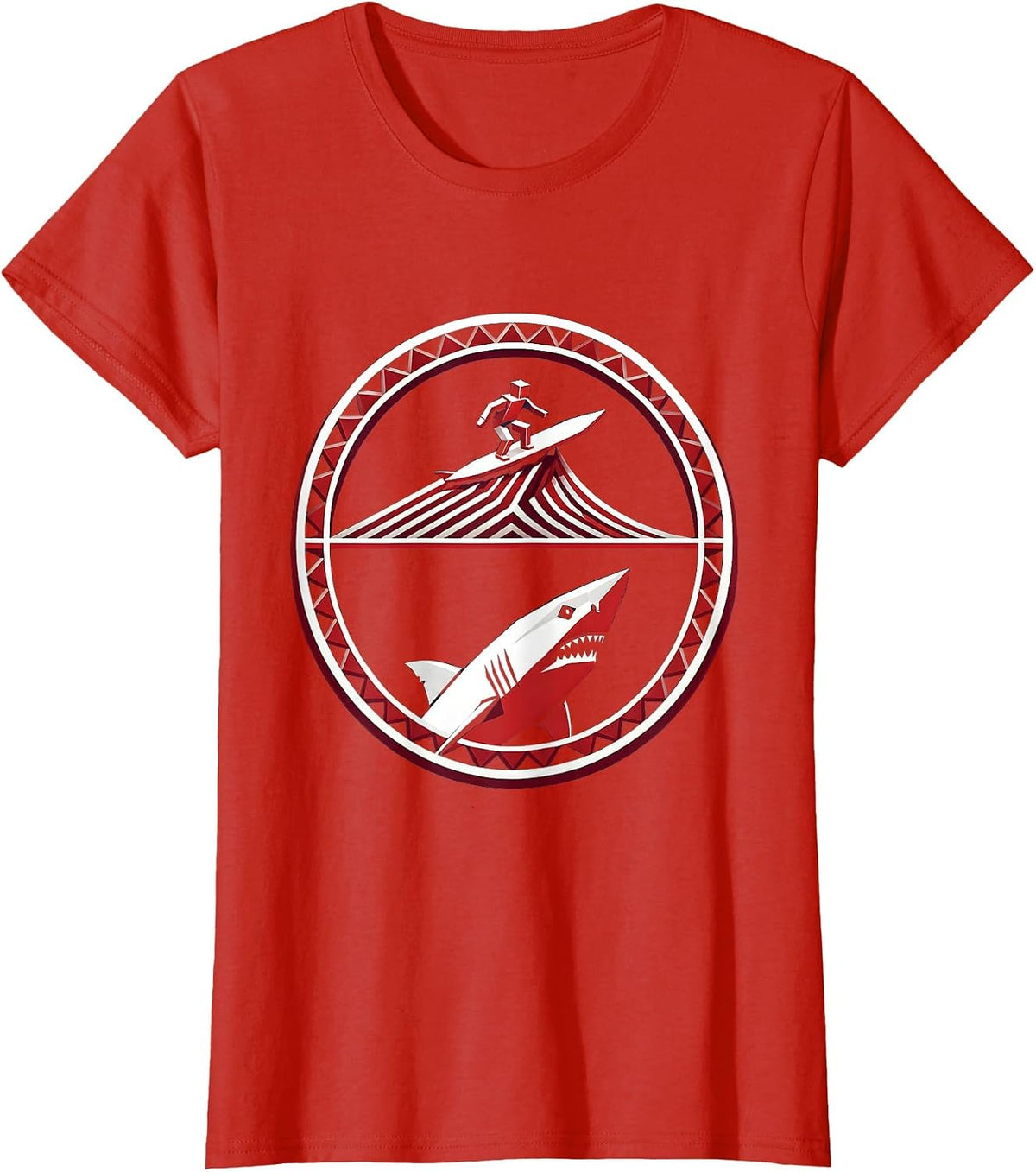 Shark Silhouette Surfer Ocean Graphic Tee T-Shirt - Red