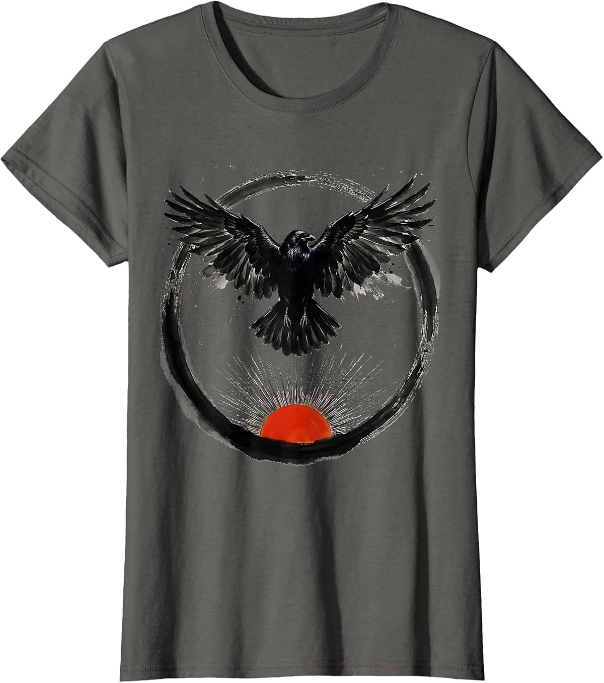 Women's Crow With Spread Wings Over Rising Sun Graphic T-Shirt - Asphalt Grey