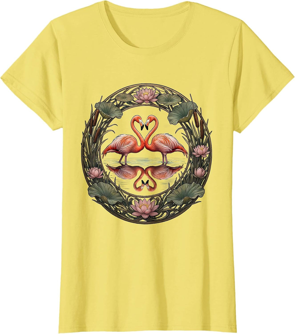 Flamingo Lake Reflection Mirrored Illustration T-Shirt - Lemon Yellow