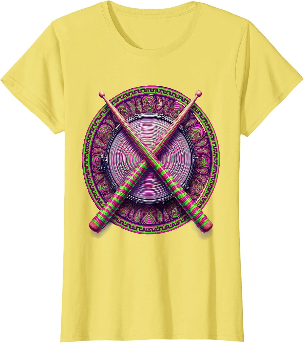 Women's Crossed Drumsticks Snare Drum Percussion Graphic T-Shirt - Lemon Yellow