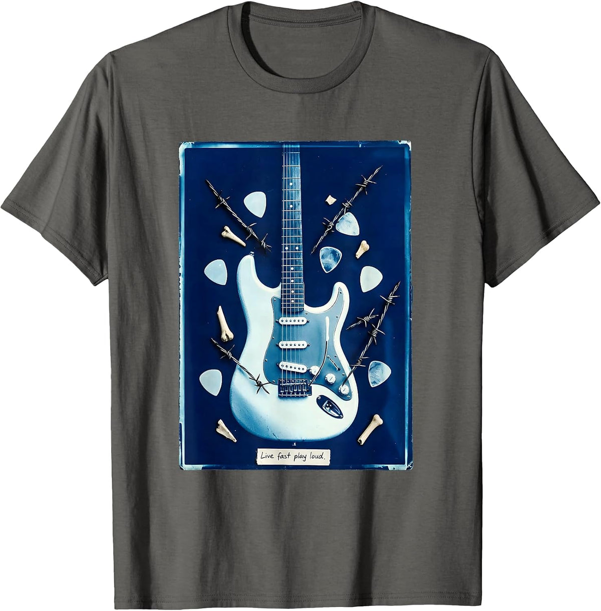 Live Fast Play Loud Metal Band Graphic Design T-Shirt - Asphalt Grey