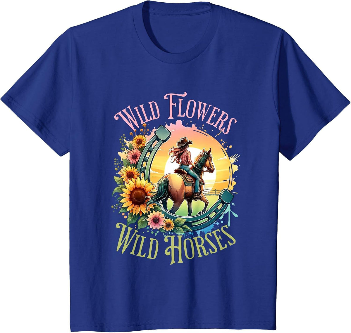 Wild Flowers & Wild Horses Country Sunset Western Cowgirl T-Shirt - Royal Blue