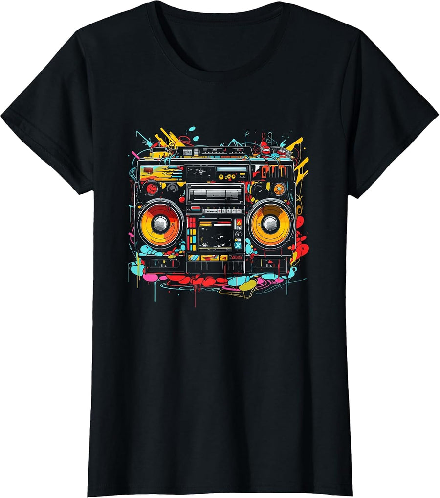 Ghetto Blaster Hip Hop 80's 90's Street Gangster Rap Lover T-Shirt - Black