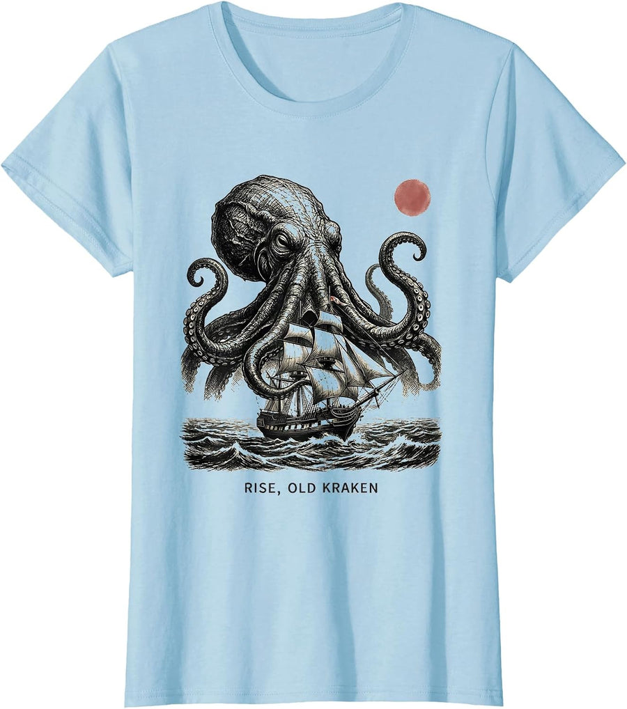 Women's Rise, Old Kraken Vintage Sea Monster Horror Octopus Lover T-Shirt - Baby Blue