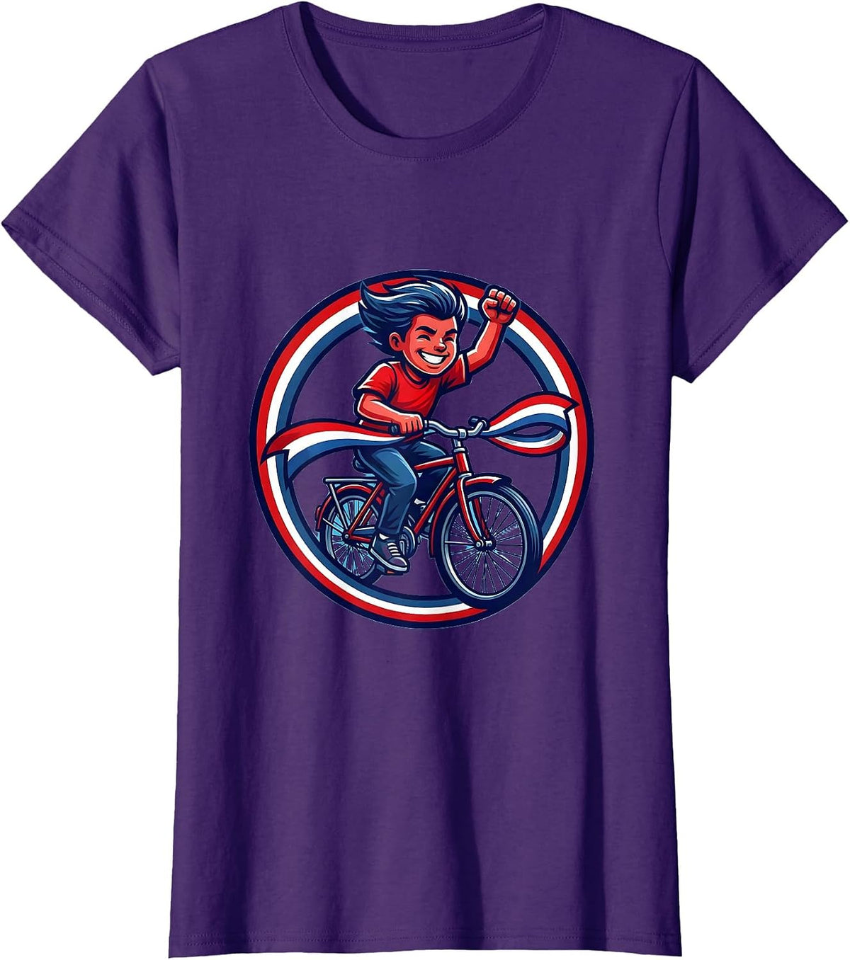Women's Red White and Blue Bicycle Flag Streamers Kids Tee T-Shirt - Purple