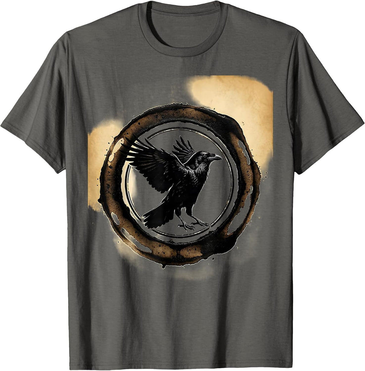 Crow Silhouette Coffee Ring Stain Graphic T-Shirt - Asphalt Grey