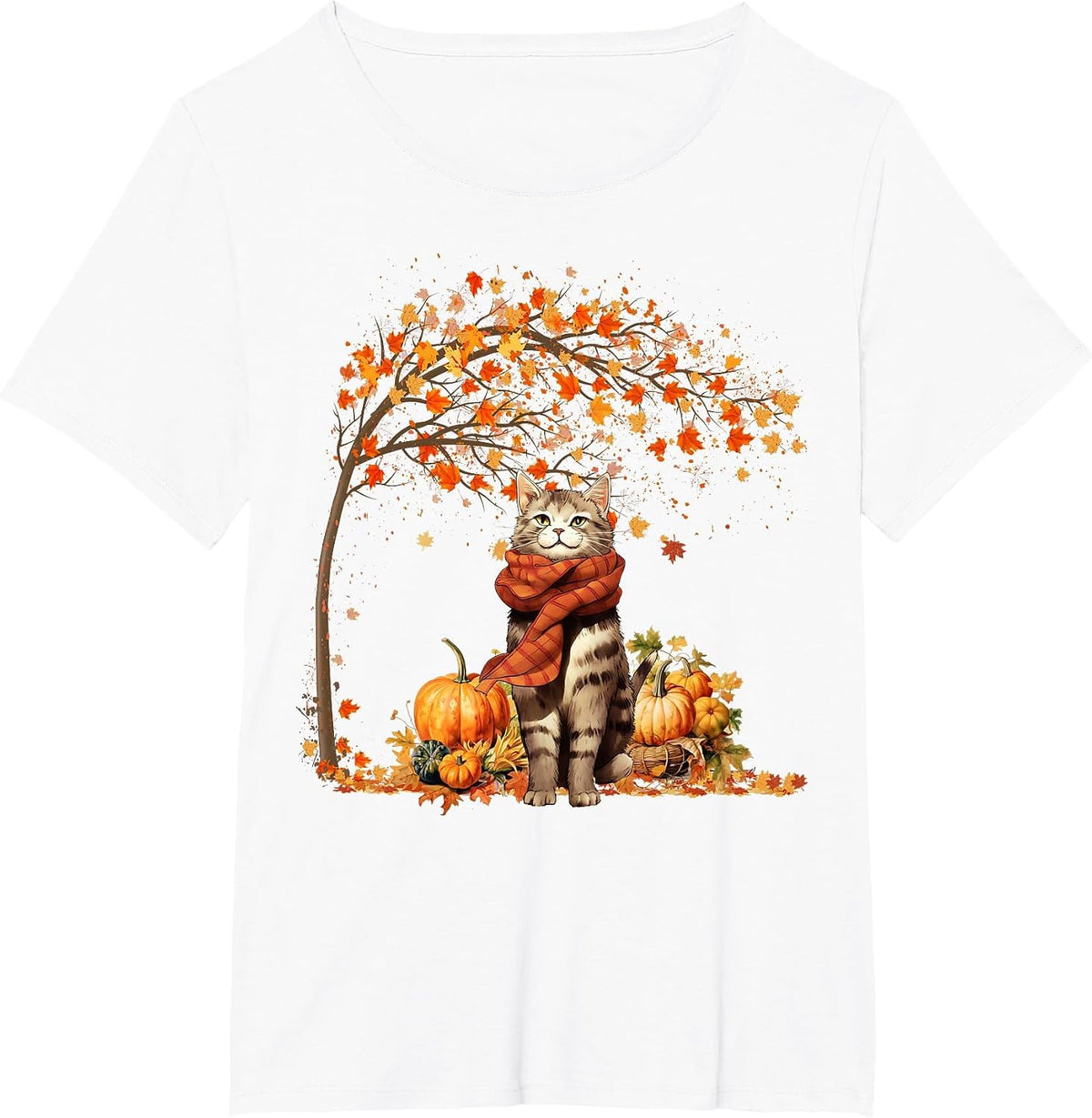 Cat Leaf Fall Hello Autumn Cat Kitten Lover Thanksgiving T-Shirt - White