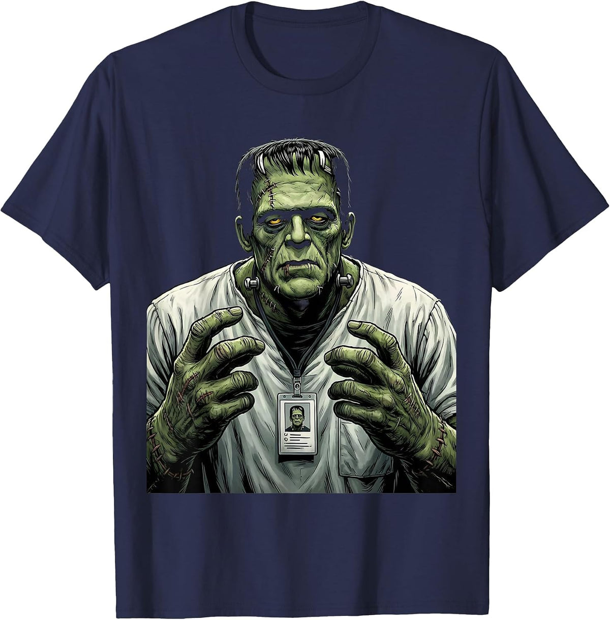 Nurse Frankenstein Halloween Scrubs Monster Graphic T-Shirt - Navy Blue