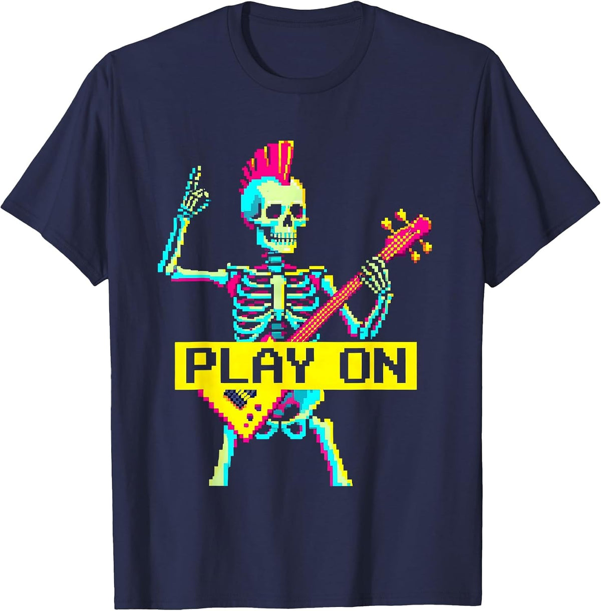 Men's Play On Pixel Art Punk Rock Skeleton Skull Halloween Music T-Shirt - Navy Blue