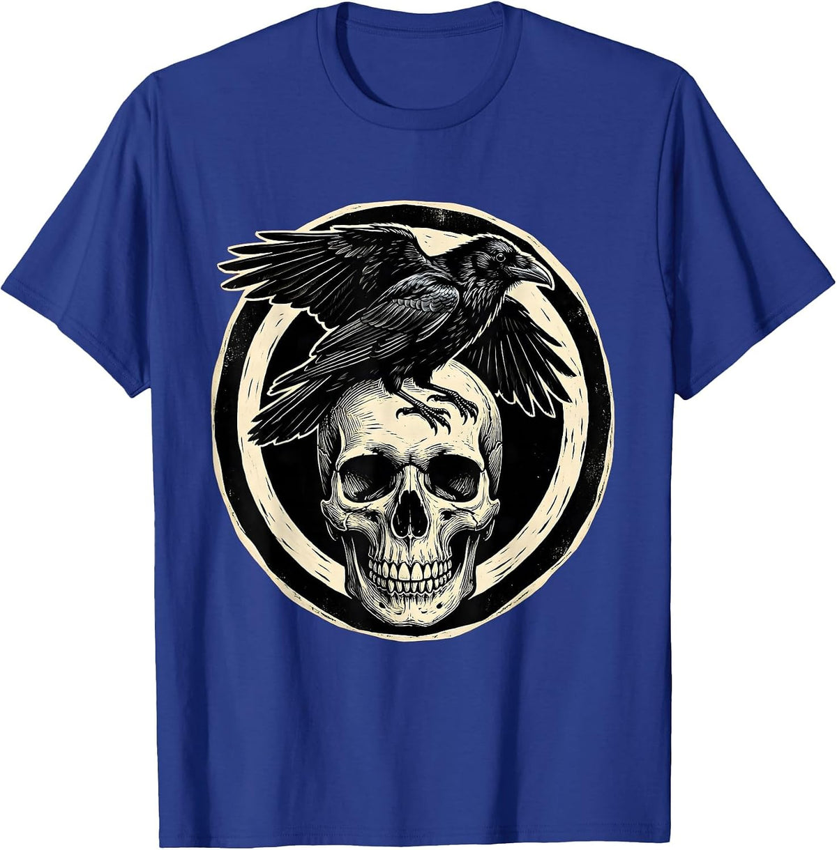 Crow Perched on Skull Gothic Dark Art Design T-Shirt - Royal Blue