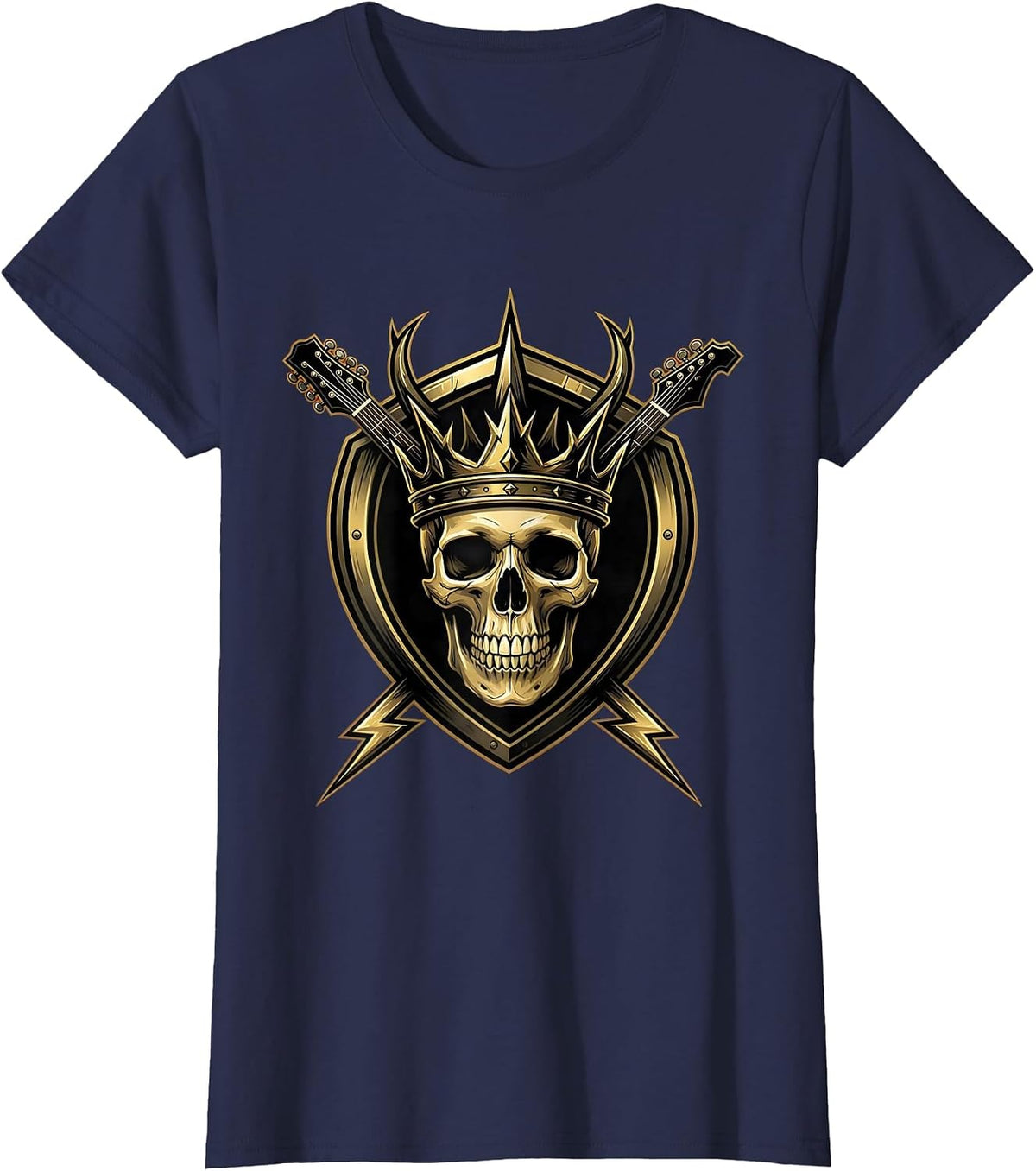 Women's Skull Crown Guitar Headstock Rock Band Graphic T-Shirt - Navy Blue