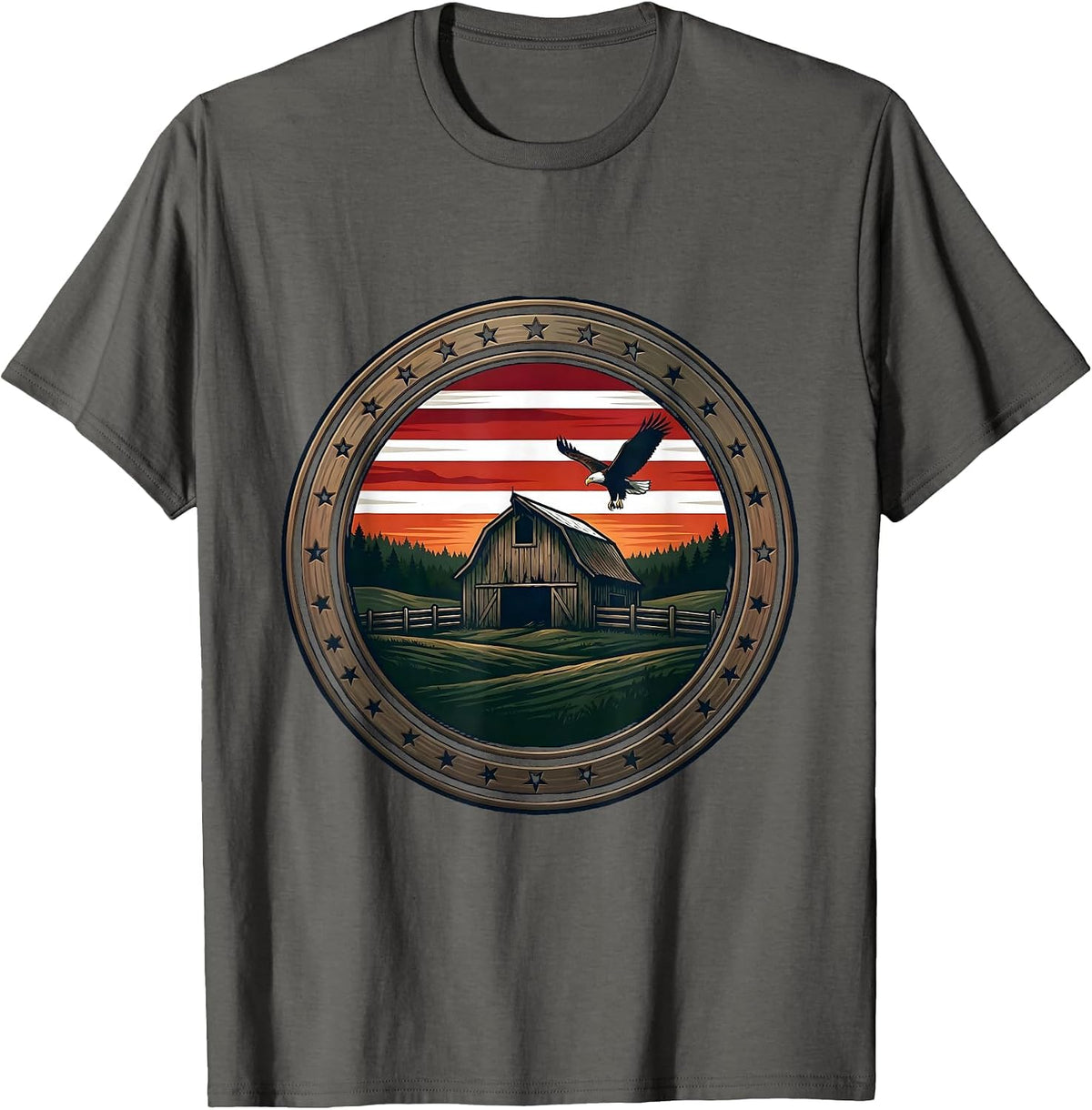 Weathered Barn Rolling Farmland American Country Art T-Shirt - Asphalt Grey